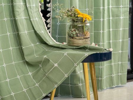 Premium 100% Cotton Embroidery Curtain for Window & Door - Pack of 1 Curtain, Sage Green Checks Online now