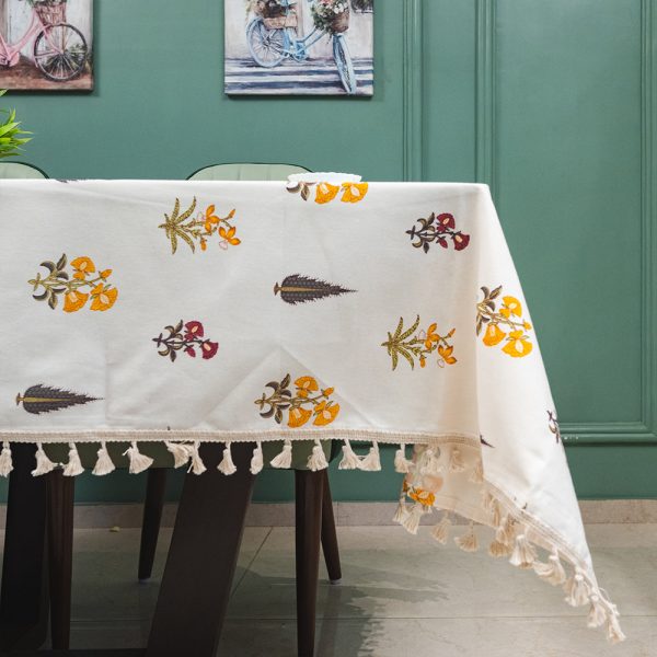 100% Cotton Dining Table Cover, Printed Cotton Table Cloth with Boho Tassels - High Garden Yellow Hot on Sale