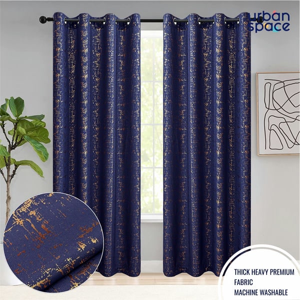 Gold Foil Printed 80-85% Blackout Curtains-  Pack of 1 Curtain - Sparkle - Navy Blue For Discount