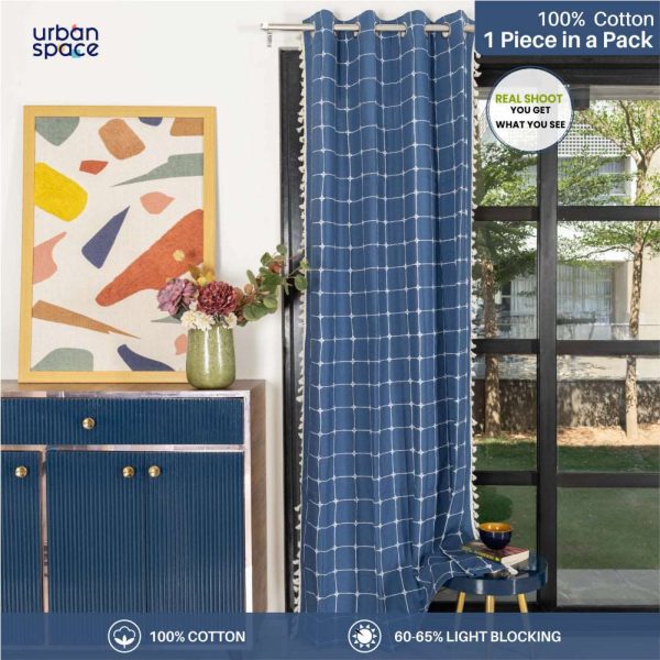 Premium 100% Cotton Embroidery Curtain for Window & Door - Pack of 1 Curtain, Indigo Checks Online