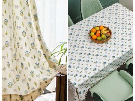 Cotton Curtains + Cotton Table Cover - (Combo 5 - Calico Blue + Calico Blue) on Sale