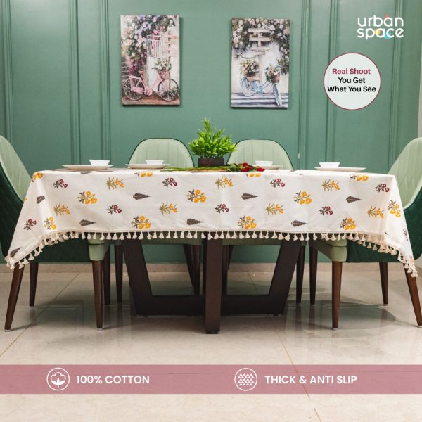 100% Cotton Dining Table Cover, Printed Cotton Table Cloth with Boho Tassels - High Garden Yellow Hot on Sale