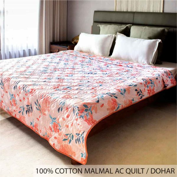 100% Malmal Cotton Blanket, Dohar, Quilt for AC and Light Winters - Peach Floral 1 Cheap