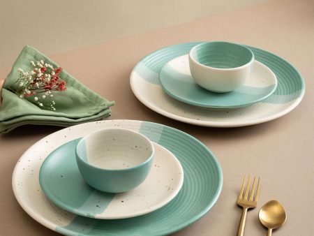 Handmade Ceramic Full dinner set for 2, 2 pieces each of dinner plate, quarter plate and katori bowls, Set of 6, Green Pearl Online Sale