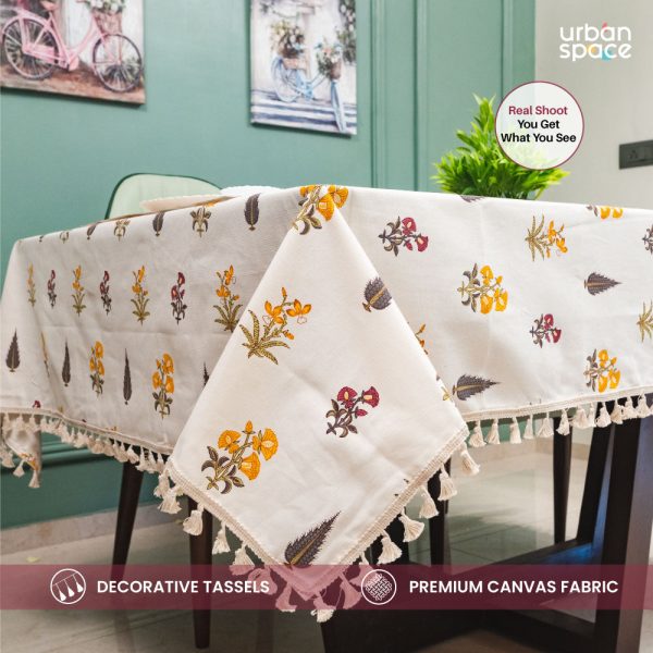 100% Cotton Dining Table Cover, Printed Cotton Table Cloth with Boho Tassels - High Garden Yellow Hot on Sale