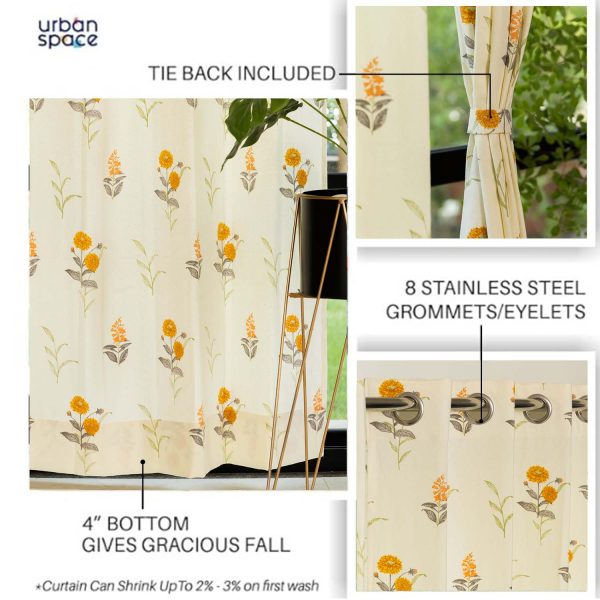 100% Cotton Curtains for Living Room, Bedroom curtains - Pack of 2 curtains, Cotton Coneflower - Yellow on Sale