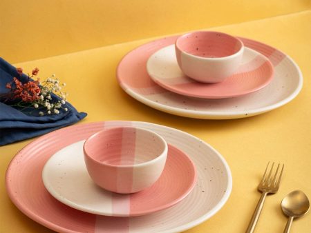 Handmade Ceramic Full dinner set for 2, 2 pieces each of dinner plate, quarter plate and katori bowls, Set of 6, Pink Pearl Sale