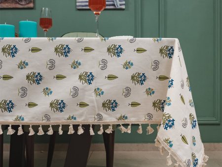 100% Cotton Dining Table Cover with Boho Tassels Printed - Calico Blue Supply