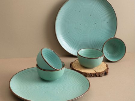 Handmade Ceramic Dinner Set for 2, set of 2 Dinner plates and 4 katoris, Set of 6, Ocean Green Online now