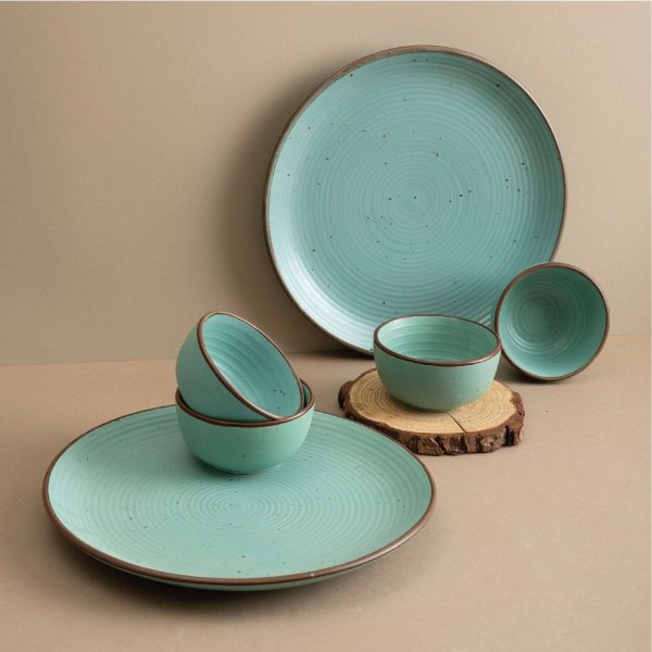 Handmade Ceramic Dinner Set for 2, set of 2 Dinner plates and 4 katoris, Set of 6, Ocean Green Online now