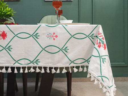 100% Cotton Dining Table Cover, Printed Cotton Table Cloth with Boho Tassels - Floral Ripples Pink Supply