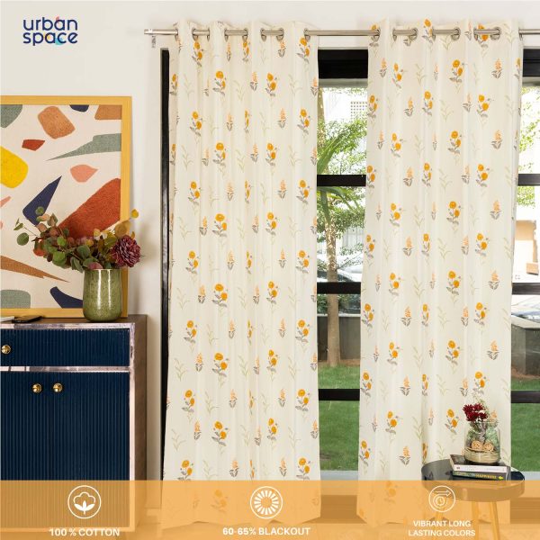 100% Cotton Curtains for Living Room, Bedroom curtains - Pack of 2 curtains, Cotton Coneflower - Yellow on Sale