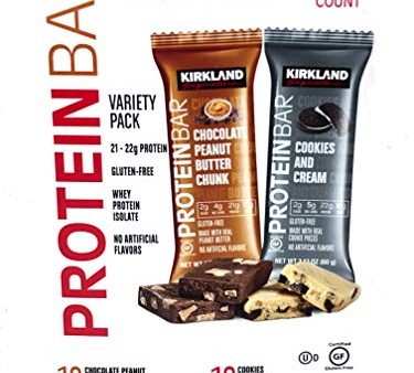 Kirkland Signature Protein Bar Variety Pack 20 Count Chocolate Peanut Butter Chunk & Cookies and Cream Gluten Free 21-22g of Protein 2g Sugar No Artificial Flavors Whey Protein Isolate Hot on Sale