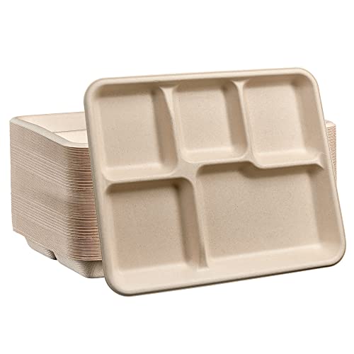 Comfy Package, 100% Compostable 5 Compartment Plates [125 Pack] Eco-Friendly Disposable Sugarcane 10 inch Paper Trays - Brown Unbleached Online Hot Sale