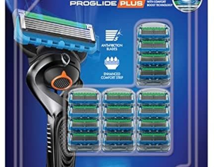 Gillette Proglide Plus Anti Friction Enhanced Comfort Strip Cartridge Blades - 16 Count For Sale